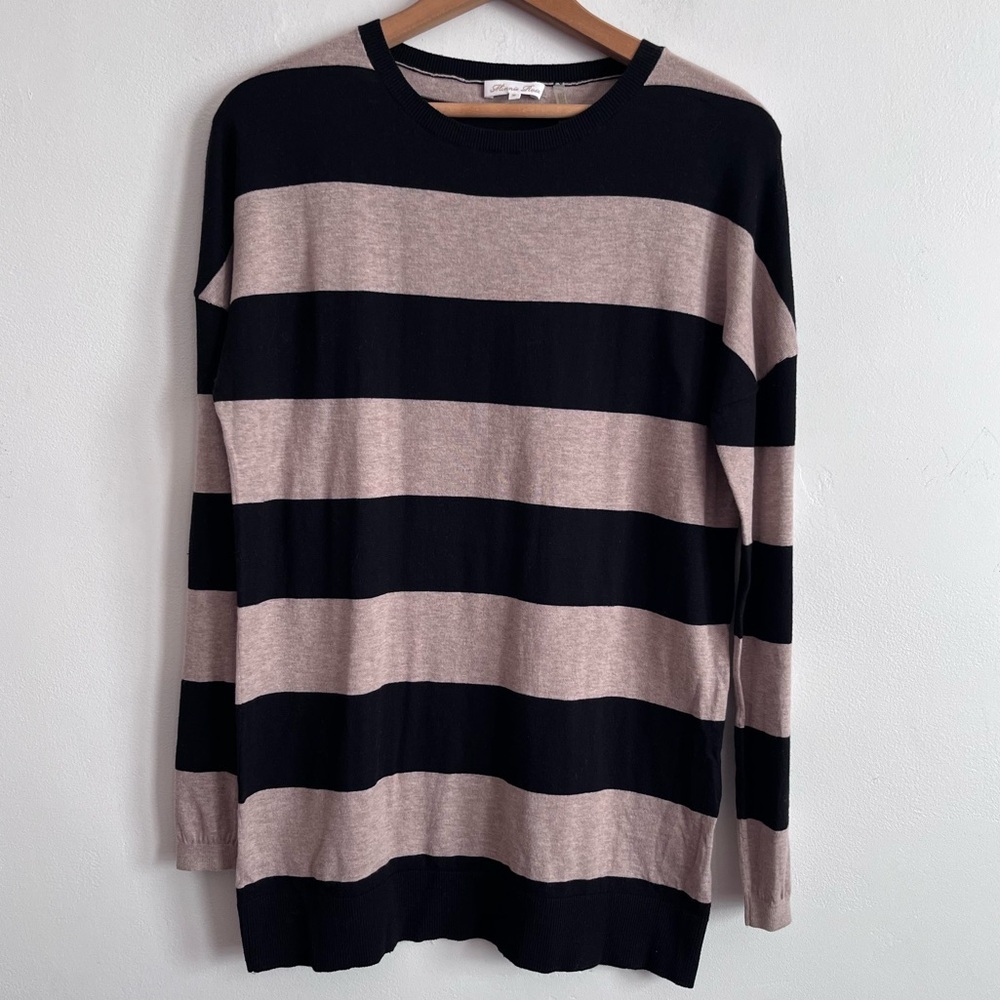 Minnie Rose Black and Taupe Wide Stripe Crewneck Sweater